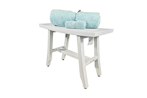 CoastalVogue Satori Teak Shower Bench Eastern Style Wood Shower Bench with Curved Seat 24″ Long Seat, Shower Stool in Antique White Finish