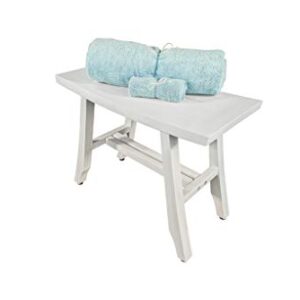 CoastalVogue Satori Teak Shower Bench Eastern Style Wood Shower Bench with Curved Seat 24″ Long Seat, Shower Stool in Antique White Finish