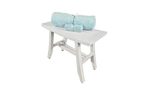 CoastalVogue Satori Teak Shower Bench Eastern Style Wood Shower Bench with Curved Seat 24″ Long Seat, Shower Stool in Antique White Finish