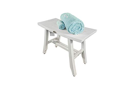 CoastalVogue Satori Teak Shower Bench Eastern Style Wood Shower Bench with Curved Seat 24″ Long Seat, Shower Stool in Antique White Finish