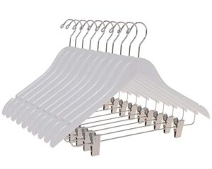 quality wooden skirt hangers with clips, 10-pack smooth solid wood pants hangers with durable adjustable metal clips, swivel hook, coat, jacket, blouse suit hangers (white, 10)