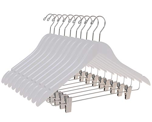 Quality Wooden Skirt Hangers with Clips, 10-Pack Smooth Solid Wood Pants Hangers with Durable Adjustable Metal Clips, Swivel Hook, Coat, Jacket, Blouse Suit Hangers (White, 10)