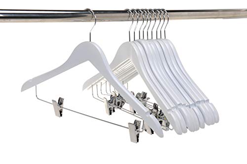 Quality Wooden Skirt Hangers with Clips, 10-Pack Smooth Solid Wood Pants Hangers with Durable Adjustable Metal Clips, Swivel Hook, Coat, Jacket, Blouse Suit Hangers (White, 10)