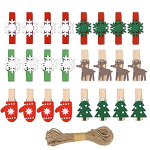 greentime 120 pcs christmas wooden clips, snowflake clothespins small craft pegs elk gloves snowflake christmas tree clothespins with 10 meters rope for diy crafts home party xmas supplies gifts