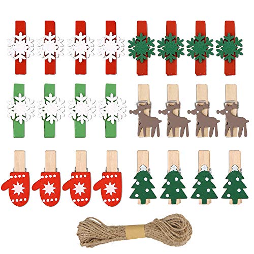 Greentime 120 PCS Christmas Wooden Clips, Snowflake Clothespins Small Craft Pegs Elk Gloves Snowflake Christmas Tree Clothespins with 10 Meters Rope for DIY Crafts Home Party Xmas Supplies Gifts