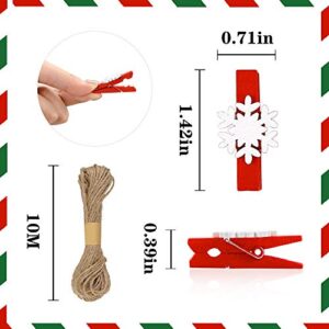 Greentime 120 PCS Christmas Wooden Clips, Snowflake Clothespins Small Craft Pegs Elk Gloves Snowflake Christmas Tree Clothespins with 10 Meters Rope for DIY Crafts Home Party Xmas Supplies Gifts