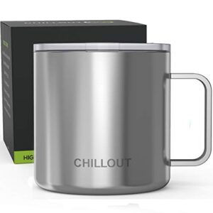 chillout life stainless steel 16 oz vacuum insulated coffee mug with handle and lid, large thermal camping coffee mug cup with durable sliding lid for men & women, keeps your beverages hot & cold