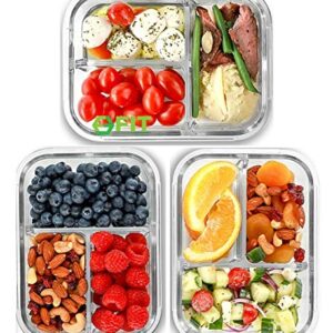 FIT Strong & Healthy 3 Compartment Glass Meal Prep Containers (3 Pack, 32 oz) - Glass Food Storage Containers with Lids, Glass Lunch Box, Glass Bento Box Lunch Containers, Portion Control, Airtight