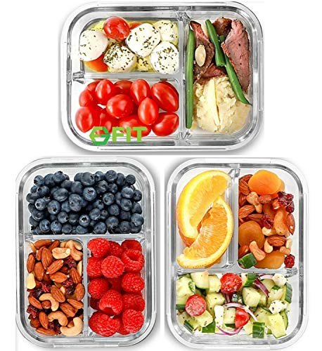 FIT Strong & Healthy 3 Compartment Glass Meal Prep Containers (3 Pack, 32 oz) - Glass Food Storage Containers with Lids, Glass Lunch Box, Glass Bento Box Lunch Containers, Portion Control, Airtight