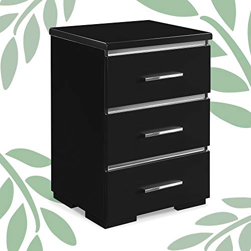 Finch Belmont Fully Assembled Nightstand Modern Mirrored Accent, Bedside End Table with Silver Handles, 3-Drawer, Black