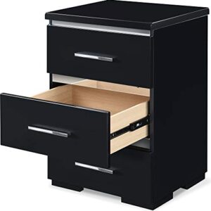 Finch Belmont Fully Assembled Nightstand Modern Mirrored Accent, Bedside End Table with Silver Handles, 3-Drawer, Black