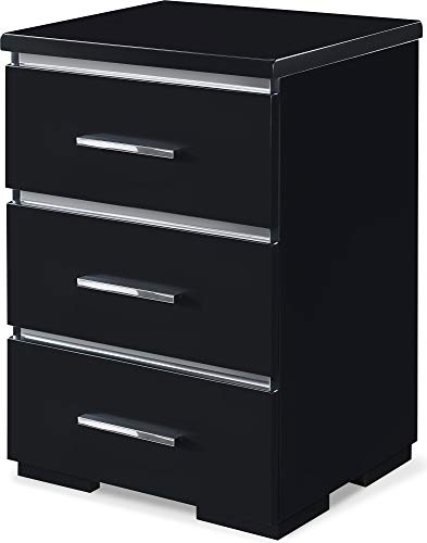 Finch Belmont Fully Assembled Nightstand Modern Mirrored Accent, Bedside End Table with Silver Handles, 3-Drawer, Black