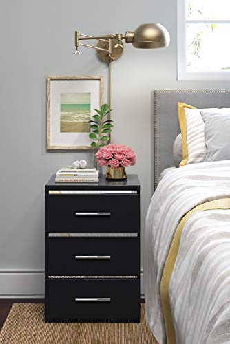 Finch Belmont Fully Assembled Nightstand Modern Mirrored Accent, Bedside End Table with Silver Handles, 3-Drawer, Black