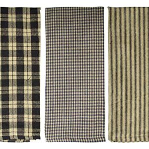 fillURbasket Black Farmhouse Kitchen Towels Set of 3 Striped Buffalo Checked Plaid Dish Towels Black and Tan Towels for Decor Dishing Drying Cotton 15”x25”
