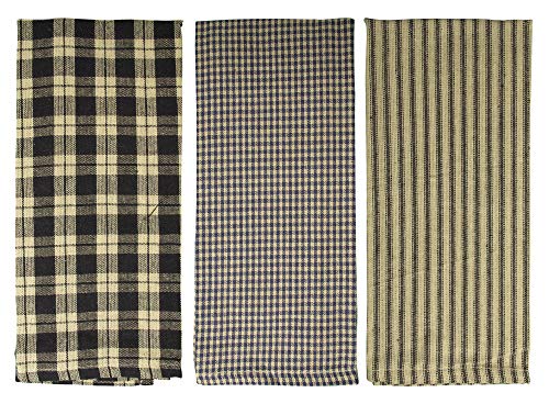 fillURbasket Black Farmhouse Kitchen Towels Set of 3 Striped Buffalo Checked Plaid Dish Towels Black and Tan Towels for Decor Dishing Drying Cotton 15”x25”