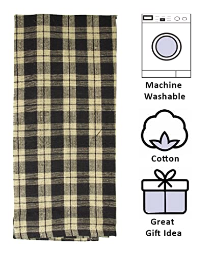 fillURbasket Black Farmhouse Kitchen Towels Set of 3 Striped Buffalo Checked Plaid Dish Towels Black and Tan Towels for Decor Dishing Drying Cotton 15”x25”