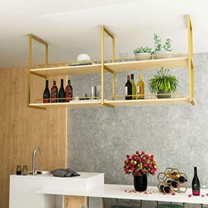 Nordic Iron Solid Wood Ceiling Shelf, 2 Tier Ceiling Mounted Storage Shelf, Bar Restaurant Hanging Decorative Flower Stand (Color : Gold, Size : 80×30×80cm)