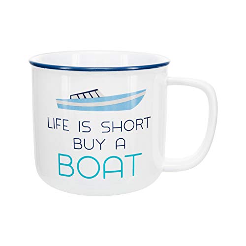 Pavilion Gift Company Life Is Short Buy A Boat 17 Oz Stoneware Lake Or Beach Coffee Cup Mug, White