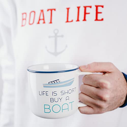 Pavilion Gift Company Life Is Short Buy A Boat 17 Oz Stoneware Lake Or Beach Coffee Cup Mug, White