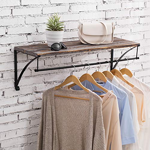 MyGift Torched Wood Floating Shelf and Clothes Rod with Black Metal Bracket, Wall Hanging Closet Organizer