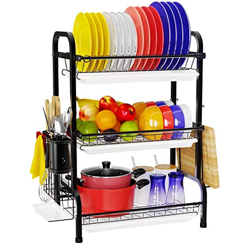 GSlife Dish Drying Rack, Stainless Steel 3 Tier Dish Rack with Tray Utensil Holder, Large Capacity & Rust-Resistant Dish Drainer for Kitchen Counter, Black