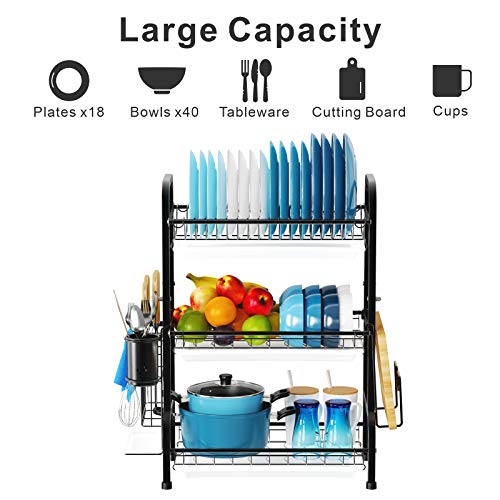 GSlife Dish Drying Rack, Stainless Steel 3 Tier Dish Rack with Tray Utensil Holder, Large Capacity & Rust-Resistant Dish Drainer for Kitchen Counter, Black