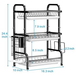 GSlife Dish Drying Rack, Stainless Steel 3 Tier Dish Rack with Tray Utensil Holder, Large Capacity & Rust-Resistant Dish Drainer for Kitchen Counter, Black