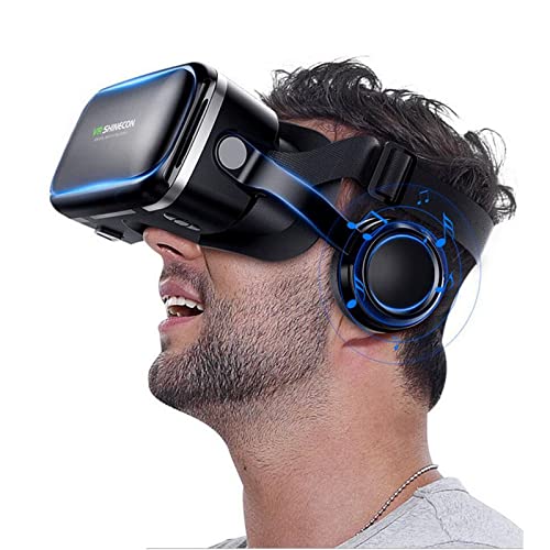 3D VR Glasses Virtual Reality Headset Goggles w/ Headphones for iPhone 14 13 12 11 Pro XR XS X 8 7 6S 6 Plus Samsung Galaxy S10 S9 S8 S7 S6 Edge + BLU Advance 5.2 A4 Vivo Go Dash XL X8 etc, Black