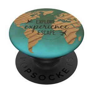 explore experience escape | turquoise world map travel quote popsockets popgrip: swappable grip for phones & tablets