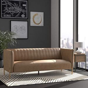 Amazon Brand – Rivet Frederick Mid-Century Channel Tufted Leather Sofa Couch, 77.5"W, Taupe