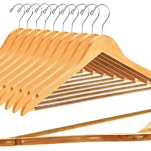 Quality Wooden Hangers - Slightly Curved Hanger Set - Solid Wood Coat Hangers with Stylish Chrome Hooks - Heavy-Duty Clothes, Jacket, Shirt, Pants, Suit Hangers (Natural, 10)