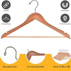 Quality Wooden Hangers - Slightly Curved Hanger Set - Solid Wood Coat Hangers with Stylish Chrome Hooks - Heavy-Duty Clothes, Jacket, Shirt, Pants, Suit Hangers (Natural, 10)