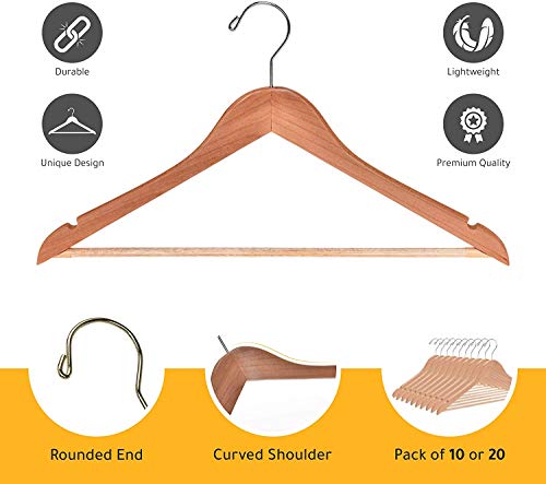 Quality Wooden Hangers - Slightly Curved Hanger Set - Solid Wood Coat Hangers with Stylish Chrome Hooks - Heavy-Duty Clothes, Jacket, Shirt, Pants, Suit Hangers (Natural, 10)