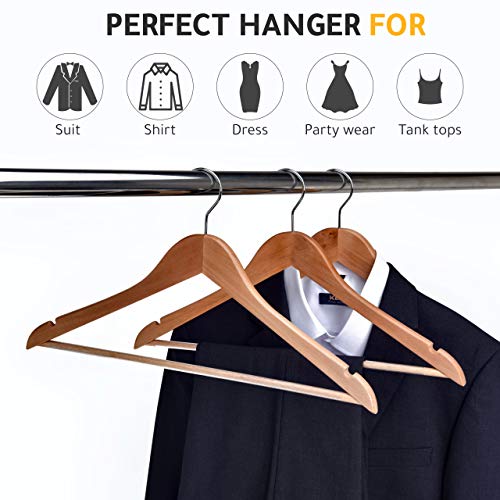 Quality Wooden Hangers - Slightly Curved Hanger Set - Solid Wood Coat Hangers with Stylish Chrome Hooks - Heavy-Duty Clothes, Jacket, Shirt, Pants, Suit Hangers (Natural, 10)