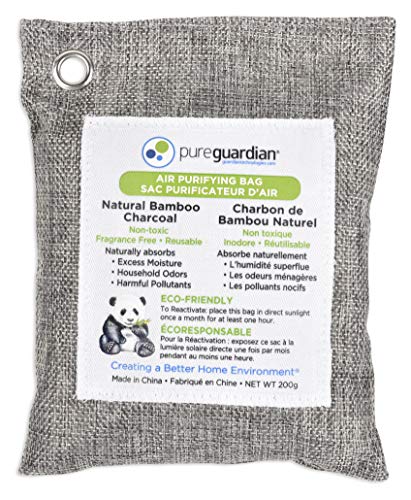 PureGuardian Guardian Technologies CB200 Bamboo Charcoal Air Purifying Bag, Eco-Friendly, Naturally Absorbs Odors, Excess Moisture and Pollutants, 200g, Gray