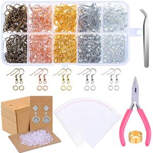 earring making supplies, paxcoo 1350pcs earring making kit with earring hooks, jump rings, pliers, earring backs, earrings holder cards and clear bags for diy earring supplies and earring findings