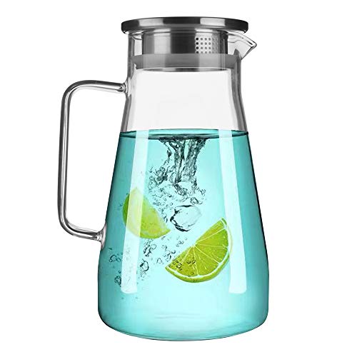 IDEALUX 50 Oz Glass Pitcher with Stainless Steel Lid and spout high heat resistant stove safe pitcher for hot/cold water and iced tea…