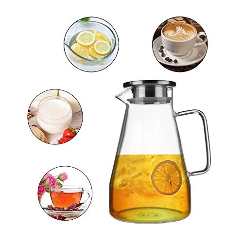IDEALUX 50 Oz Glass Pitcher with Stainless Steel Lid and spout high heat resistant stove safe pitcher for hot/cold water and iced tea…