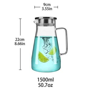 IDEALUX 50 Oz Glass Pitcher with Stainless Steel Lid and spout high heat resistant stove safe pitcher for hot/cold water and iced tea…