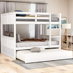 meritline full over full bunk bed for kids teens, detachable wood full bunk bed frame with trundle
