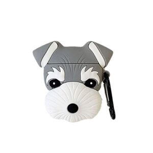 tou-beguin wireless charging earphone case compatible with airpods 1 & 2,teens girls cute cartoon schnauzer dog design soft silicone full body protective skin cover accessories with hook(gray)