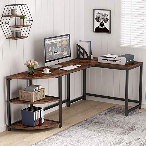 Tribesigns L-Shaped Desk with Corner Shelf, 74 inch Corner Computer Desk Study Writing Workstation with 3-Tier Reversible Storage Shelf for Home Office Use (Rustic Brown)