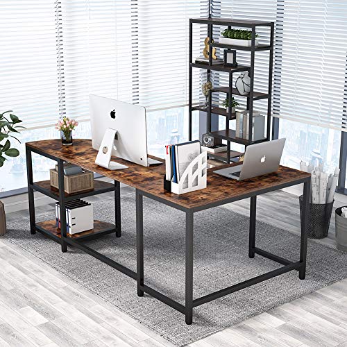 Tribesigns L-Shaped Desk with Corner Shelf, 74 inch Corner Computer Desk Study Writing Workstation with 3-Tier Reversible Storage Shelf for Home Office Use (Rustic Brown)
