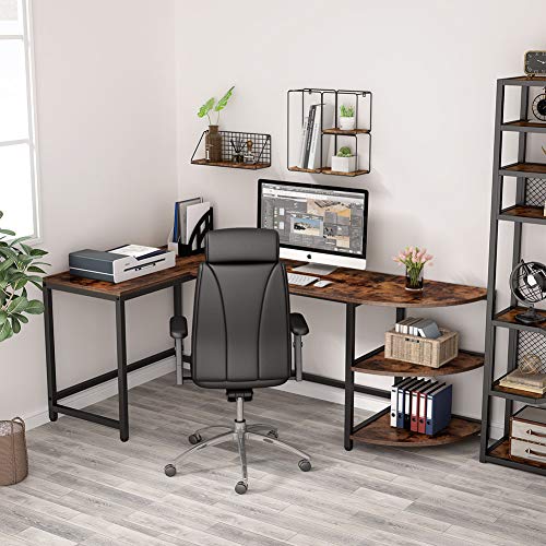 Tribesigns L-Shaped Desk with Corner Shelf, 74 inch Corner Computer Desk Study Writing Workstation with 3-Tier Reversible Storage Shelf for Home Office Use (Rustic Brown)