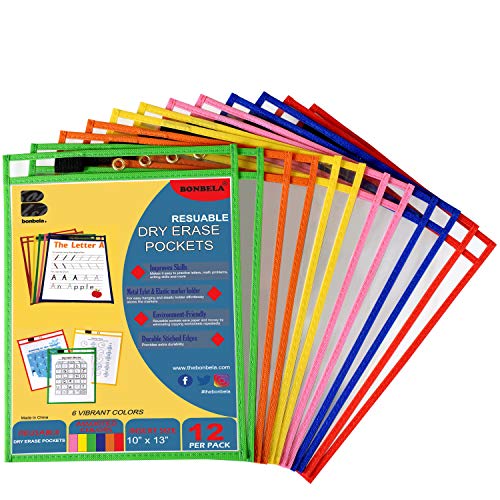 BONBELA Dry Erase Pockets - 12 Pack EASYWipeXL Heavy Duty Sheet Protectors Quickly Wipe to a Flawless Clean - Save a Bundle on 10 x 13 Reusable Dry Erase Sheets Sleeves for Work & School Worksheets