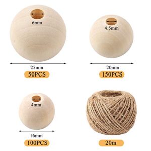 DICOBD 300pcs Wooden Beads 3 Sizes(16mm/20mm/25mm) Natural Unfinished Round Wood Beads Large with 20 Metre Jute Twine for Jewelry Making Home Farmhouse Decoration