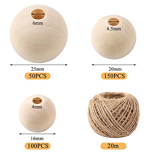 DICOBD 300pcs Wooden Beads 3 Sizes(16mm/20mm/25mm) Natural Unfinished Round Wood Beads Large with 20 Metre Jute Twine for Jewelry Making Home Farmhouse Decoration