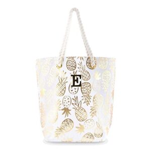 weddingstar personalized monogrammed cotton canvas beach tote bag - gold pineapple print