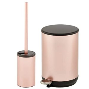mdesign slim stainless steel toilet bowl brush and holder + round gallon step garbage can wastebasket bin for bathroom cleaning/storage - holder for garbage and waste - set of 2 - rose gold/black