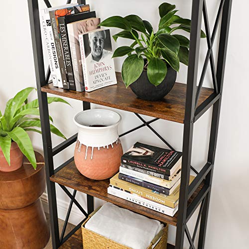 VASAGLE DAINTREE Bookshelf, Kitchen Shelf, Free Standing Shelf, Ladder Rack with 4 Open Shelves, for Kitchen, Office, Stable Steel Frame, Industrial Style, Rustic Brown and Black ULLS030B01
